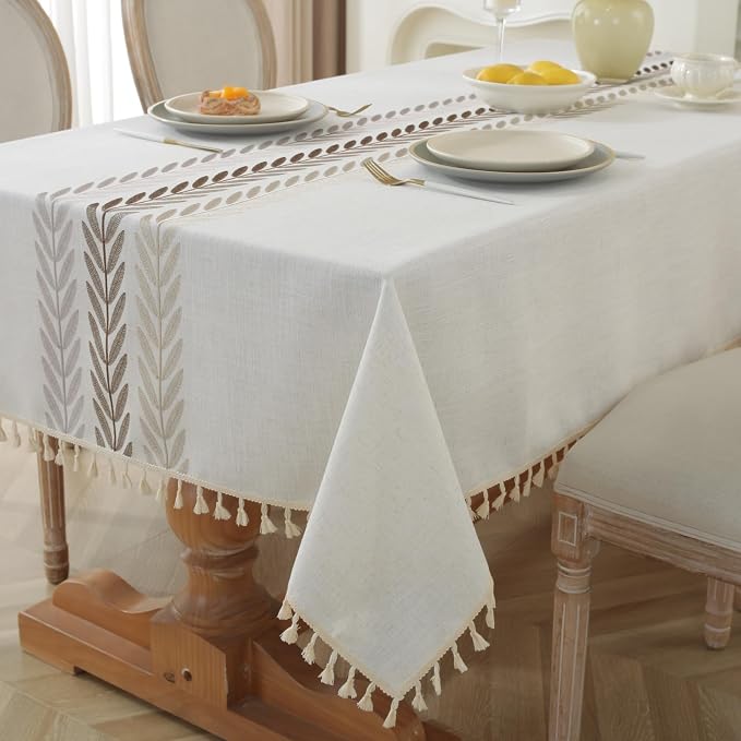 Alsoo Embroidered Tablecloth Rectangle 55 x 120 Inch, Farmhouse Otanical Floral Table Cloth Waterproof Washable Cotton Linen Fabric for Kitchen Dining Festival