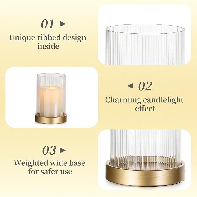 Hewory Ribbed Hurricane Candle Holder: Gold Votive Candle Holders Set of 2, Glass Hurricane with Metal Candle Plate, Pillar Candle Holder for Table Centerpiece Christmas Wedding Holiday Home Decor