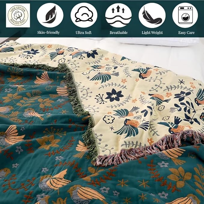 Boho Throw Blanket for Bed 100% Cotton Bohemian Blankets Ultra Soft Woven Muslin Decorative Blankets All Seasons Vintage Quilt Knitted Blanket for Sofa Chair(Blue, 50"x60")