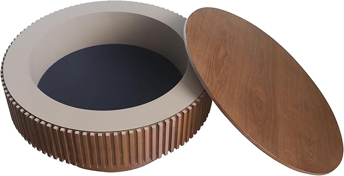 φ31.5 Round Coffee Table with Storage, Wood Veneered Pedestal End Table for Living Room, Modern Contemporary Circle Fluted Drum Side Table for Small Space - ø31.5" x 14"H Walnut