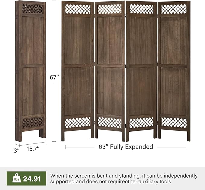 Privacy Screen Room Divider Panel - Real Wood Folding Partition Room Dividers, No-Assembly Required, Enhance Privacy and Aesthetic Appeal, Ideal for Home or Office Brown 67 Inch Tall 4 Panel