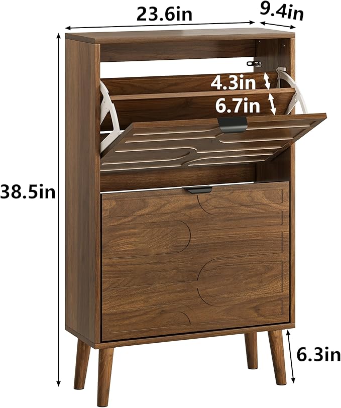 Shoe Cabinet Storage for Entryway with 2 Flip Drawers, Narrow Shoe Cabinet for Entryway, Hidden Slim Shoe Organizer Rack Cabinet (Brown, 23.6" W)