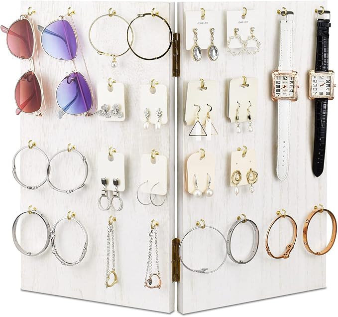 MOOCA Wooden Foldable Panel Jewelry Display Stand with 32 Hooks - Perfect for Store, Earring Cards, Keychains- Travel-Friendly Design, Unfolded size: 18.3" W x 0.6" D x 16" H, Wash White Color