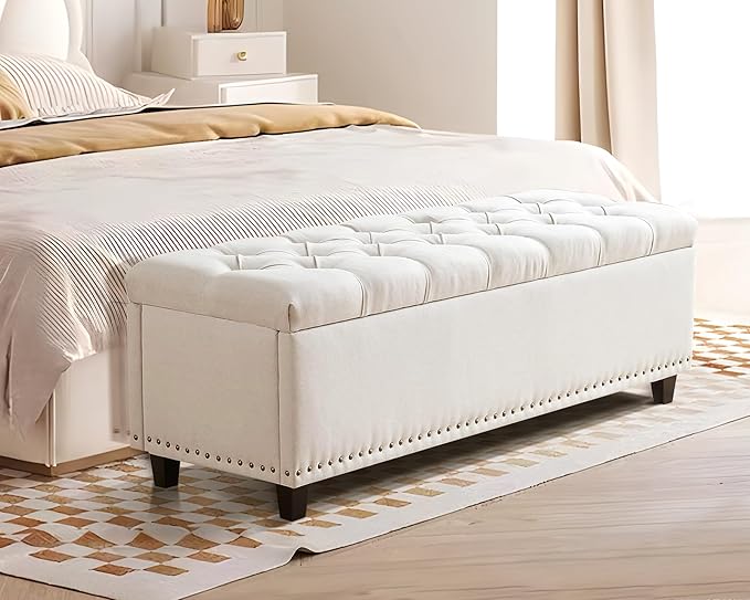 Grepatio Storage Ottoman Bench for Bedroom - 51" Tufted End of Bed Storage Benches with Foot - Upholstered End of Bed Bench - Large Rectangular Bed Ottoman Benches for Living Room Bedroom (Beige)