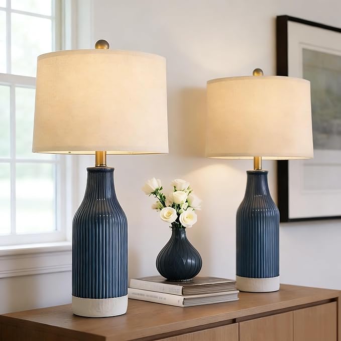 USumkky 23.75inch Blue Modern Ceramic Bedside Lamp Set of 2 with 5FT Cord for Bedroom Decor Farmhouse Table Lamp for Living Room Office Dorm