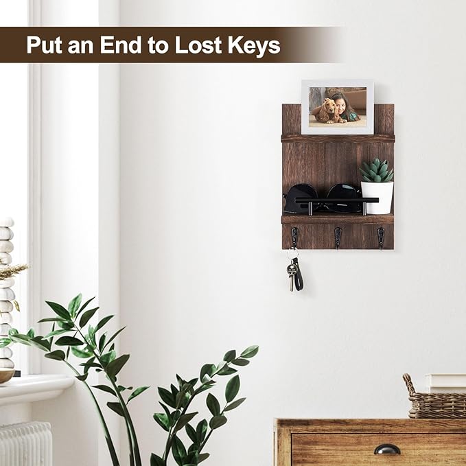Key Holder Wall Mount, Mail Shelf Decor with 3 Key Hooks, Versatile Wood Wall Organizer for Entryway Hallway (8.2” x 10.6”x 3.6”) (Brown)
