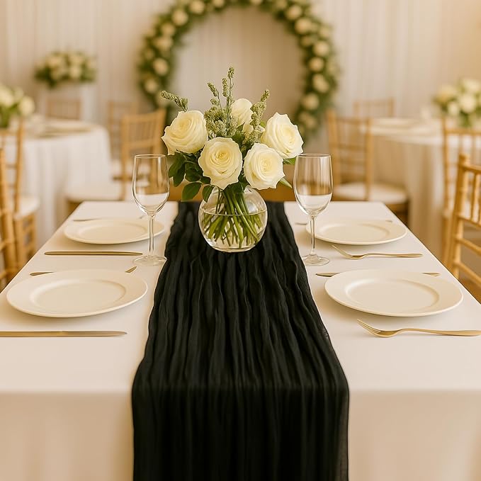 10FT Black Cheesecloth Table Runner 120 Inch Rustic Boho Gauze Cheese Cloth Table Runner for Wedding Baby Shower Bridal Shower Birthday Party Home Decorations