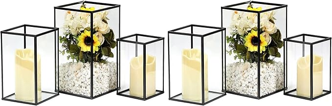 PHOSPHOR Hurricane Glass Candle Holder Set of 6 Pieces Black Hurricane Candleholders for Wedding Party Holiday Birthday Home Decor Lanter