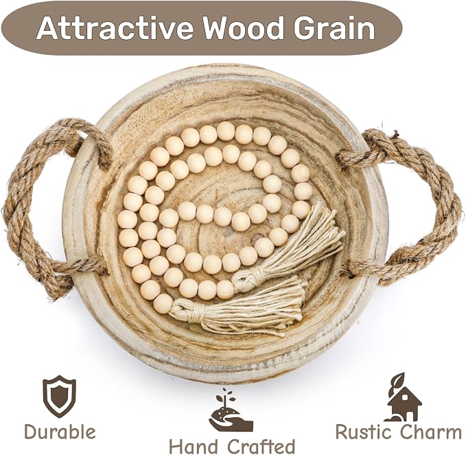 Paulownia Wood Dough Bowl, 9.5 Inch Serving Bowl with Rope Handles Bead Garland, Handmade Wooden Key Bowl for Tabletop Centerpiece Home Decor