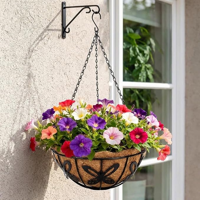2 Pack Hanging Baskets for Plants Outdoor 10 Inch Butterfly Metal Hanging Planters with Coco Coir Liner, Round Hanging Flower Pots for Home Garden Patio Balcony Porch