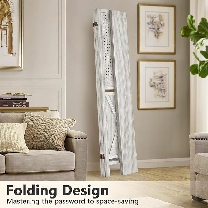 4 Panel Pegboard Display with 16 Hooks, Wooden Pegboard Room Divider Wall with Shelf, Partition Room Dividers and Folding Privacy Screens, Bedroom, Jewelry Store, White