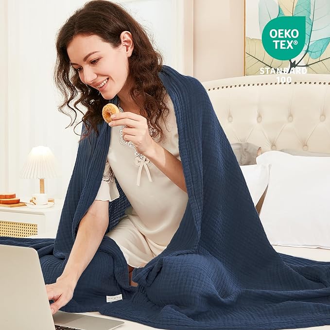 EMME Muslin Blanket 100% Cotton Twin Blankets Navy, 60"x80" Breathable Gauze Blanket All Season Soft and Lightweight Pre-Washed