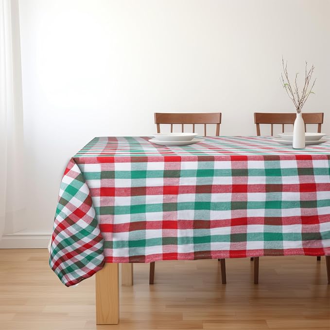 Urban Villa Tablecloth Christmas Tabletop Cover Kitchen Dining Tablecloth 100% Cotton Holiday Celebrations Wedding Dinner Parties Red/Green/White Color Rectangle 60X84 Inches 6-8 Seats Table Cloth