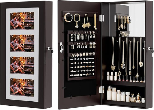 Bonnlo Jewelry Armoire with Photo Frame, Inner Mirror,23.62 x 11.81 x 3.55 inch, Key Storage Cabinet, Lockable Design,Wall Mount (dark brown)