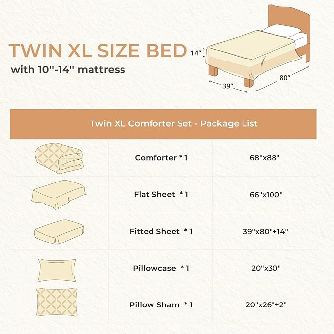 Sasttie Twin XL Comforter Set, 5-Piece Bed in a Bag, Pintuck Bedding Sets for All Season, Includes Comforter, Flat Sheet, Fitted Sheet, Pillowcase and Pillowsham, Dark Brown