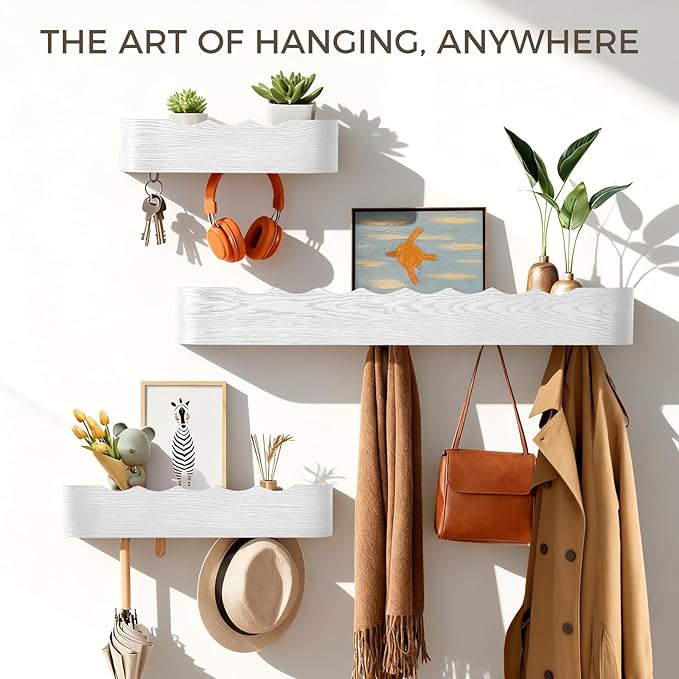 Coat Rack Wall Mount with Shelf Entryway Shelf Modern Key Holder Hanger Wall Shelves with Hidden Hooks for Hanging Towels Coats Hats Bags for Hallway Bathroom Bedroom (Wavy White, 8 Hooks)