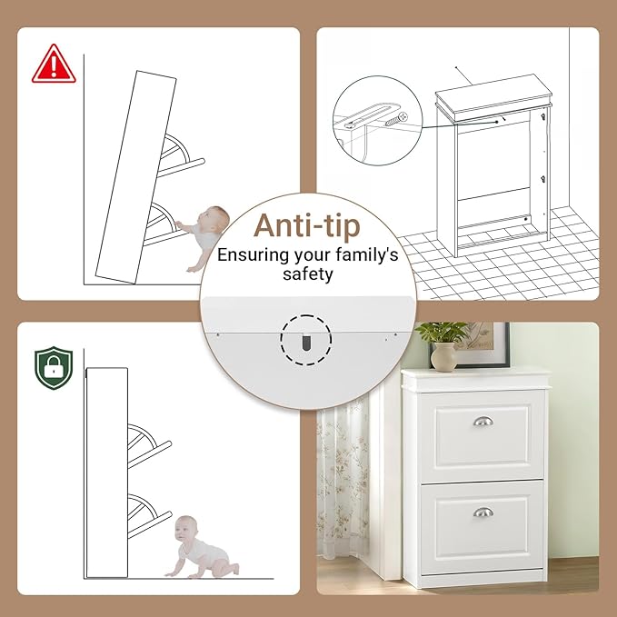 Haotian Small Shoe Cabinet, White 2 Flip Drawers Freestanding Shoe Rack, Shoe Storage Cupboard Organizer (9.45" D x 20.87" W x 32.28" H), FSR78-W