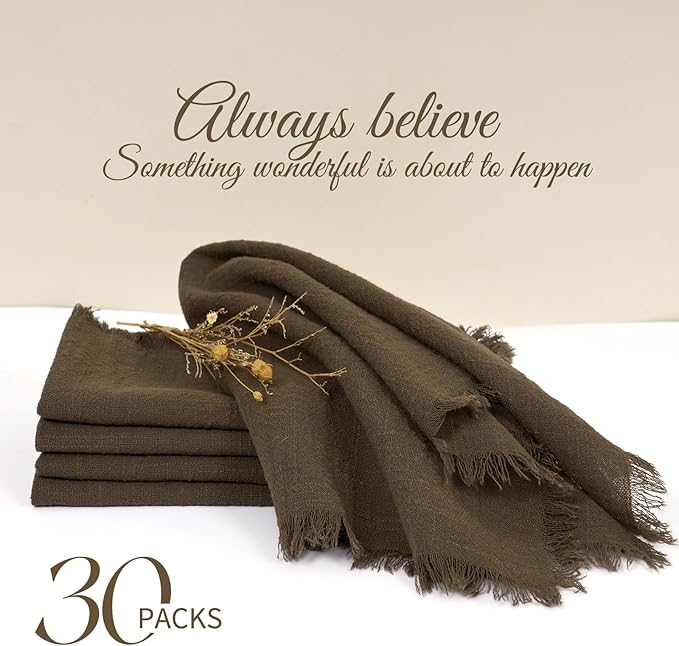 30 Packs Brown Napkins 16x16 Inch, Cotton Linen Handmade Cloth Napkins Bulk with Fringe - Soft Rustic Boho Napkins for Wedding, Party, Christmas Event Dinner Birthday Table Decor