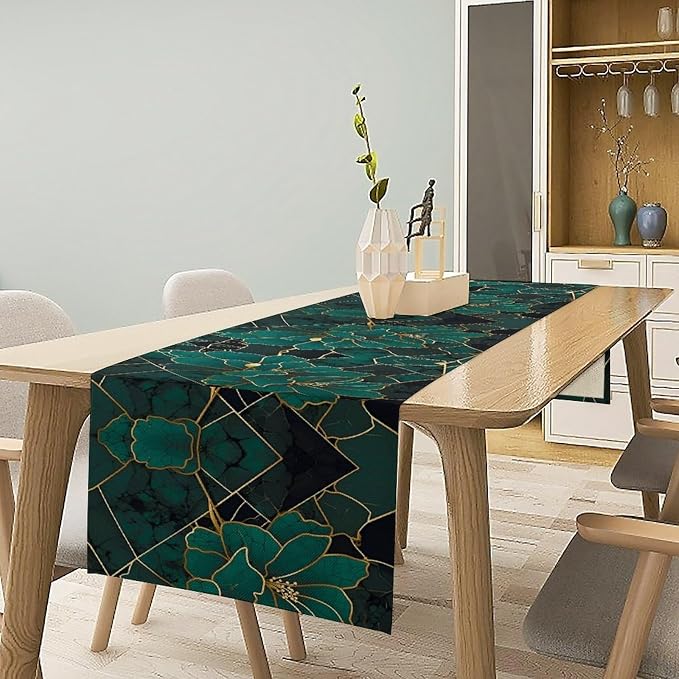 Emerald Marble Table Runner, Dark Green Abstract Flowers Accent Table Runner for Kitchen Dining Party Wedding Decor, 13x36 Inch