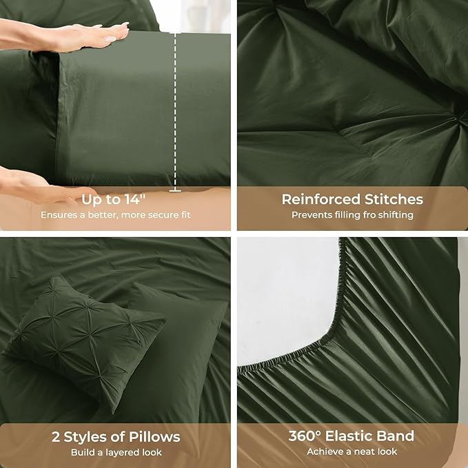 Sasttie California King Comforter Set, 7-Piece Bed in a Bag, Pintuck Bedding Sets for All Season, Includes Comforter, Flat Sheet, Fitted Sheet, Pillowcases and Pillowshams, Dark Green