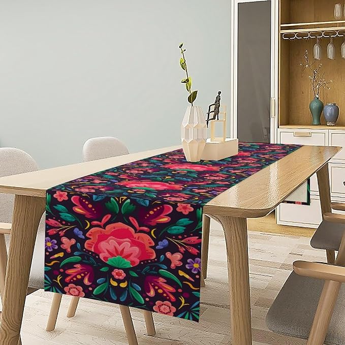 YCness Mexican Fiesta Table Runner Colorful Floral Plants Traditional Pattern Traditional National Ornament Table Runner for Party Living Room Home Bedroom Kitchen, 13x36 Inch