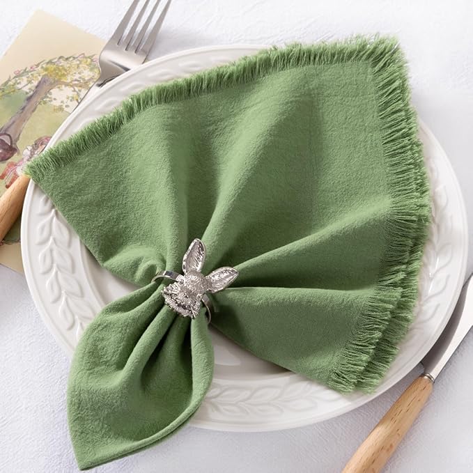 DeZerlor 12 Pack Sage Green Cotton Linen Napkins with Fringe Summer Cloth Napkins Set of 12 Boho Handmade Dinner Napkins Bulk for Wedding Bridal Baby Shower Parties, 17 x 17 Inches