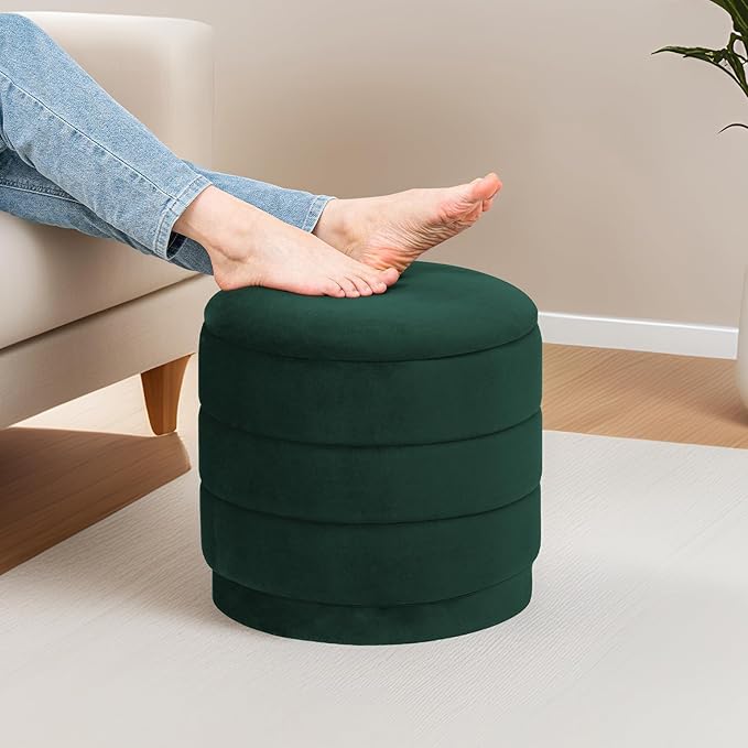 15" Upholstered Round Velvet Ottoman with Storage | Foldable Foot Rest Ottoman with Wooden Tabletop, Decorative Home Furniture for Living Room & Bedroom-Bottle Green