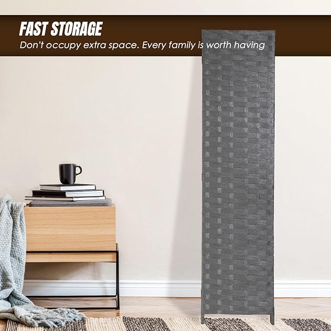 PayLessHere Room Divider 6FT Wood Mesh Hand-Woven Room Divider, 4-Panel Indoor Folding Portable Partition Screen,Gray