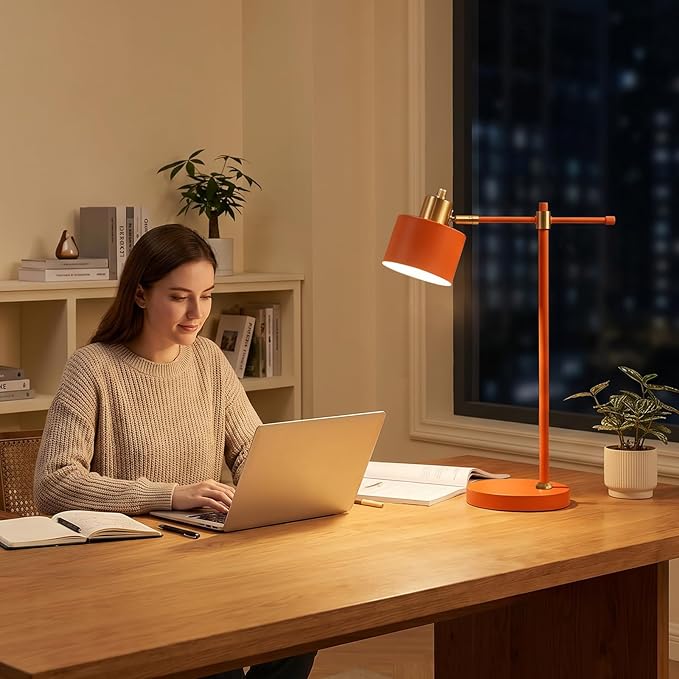 OYEARS 22.2" Modern Desk Lamp, Metal Table Lamp with LED Bulb, Adjustable Reading Lamps for Living Room, Mid Century Task Lamp for Home Office, Industrial Bedside Lamps with Solid Base, Orange