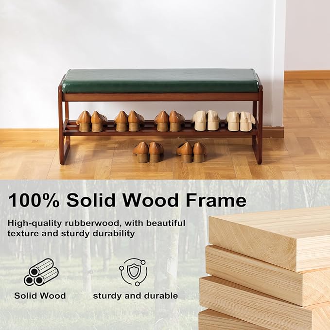 Solid Wood Shoe Bench, 2-Tier Wooden Entryway Bench, Modern Shoe Rack with Faux Leather Cushion for Hallway, Living Room (Green, 39.4'')