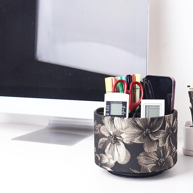 Round Leather Art Supply Organizer,Remote Control Holder,360 Degree Rotating,Multi-Functional Pencil Holder,4 Compartments Desktop Stationary Organizer(1-Dahlia Yellow)