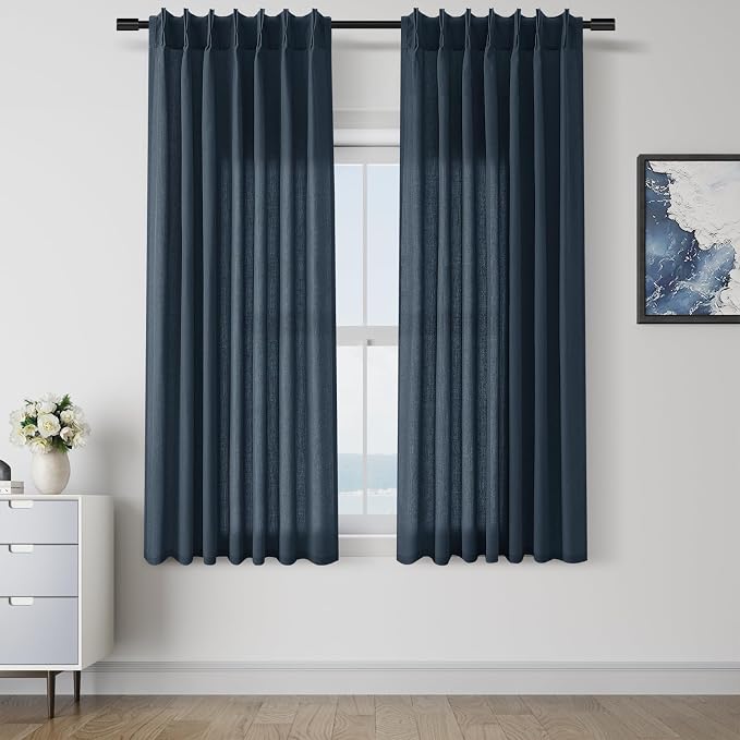 Aersas Denim Blue Pinch Pleated Linen Curtains 63 Inch Length 2 Panels for Living Room Bedroom Semi Sheer Window Curtain Boho Neutral Back Tab Pinch Pleat Drape with Hooks 40x63