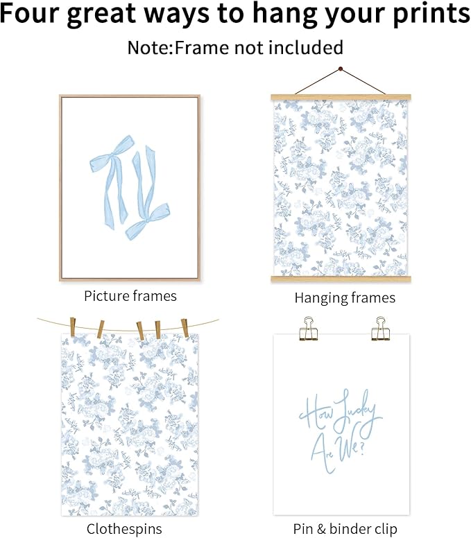 Baccone Blue Bow Wall Art Floral Canvas Wall Decor Coquette Flower Wall Art Trendy Aesthetic Poster Girly Preppy Pictures Blue Floral Prints for Living Room Bathroom 16x24 Inch Unframed Set of 3