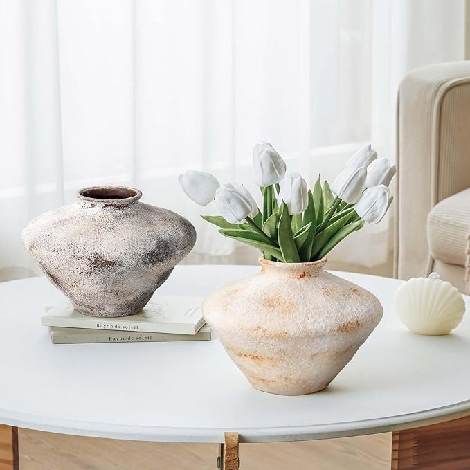 Rustic Ceramic Flower Vase, YBX White Ceramic Vase 5.6 Inches, Retro Distressed Textured Pottery Small Vase, Farmhouse Decorative Vases for Home Decor, Centerpieces, Hallway, Shelf Decorations, White