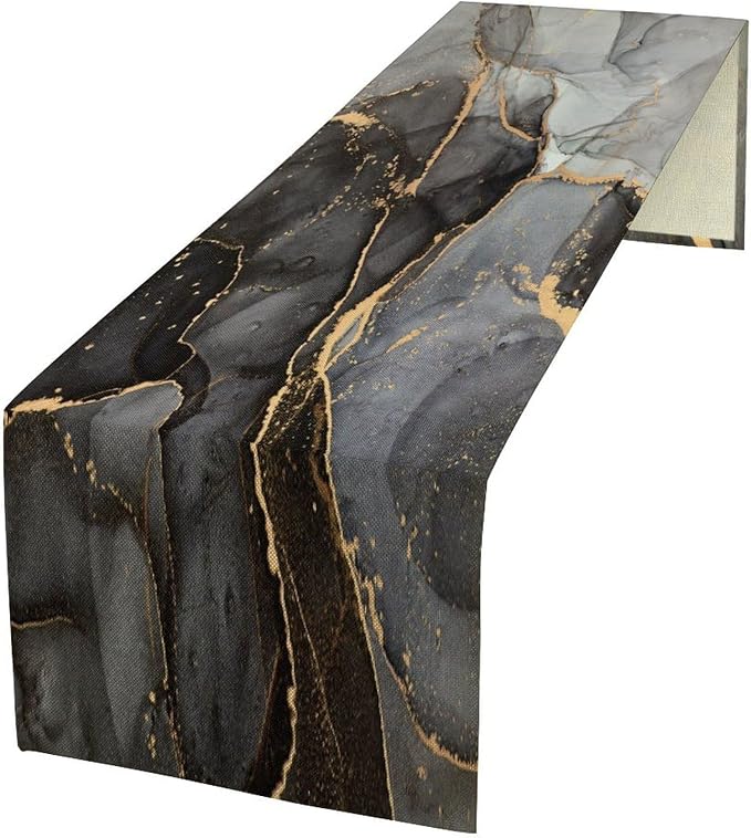 Marble Table Runner,Modern Luxury Black Gray Gold Texture Aesthetic Art Pattern Table Runner for Coffee Table Dining Room Table Bedroom Party Holiday Decor 13x72inch