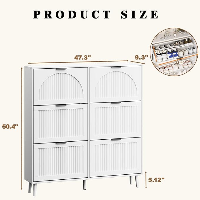 Shoe Storage Cabinet with 6 Flip Drawers, Narrow Wood Shoe Organizer Cabinet with Fluted Panel, Slim Shoe Rack for Entryway, Freestanding Shoe Cabinet for Living Room, Hallway, White