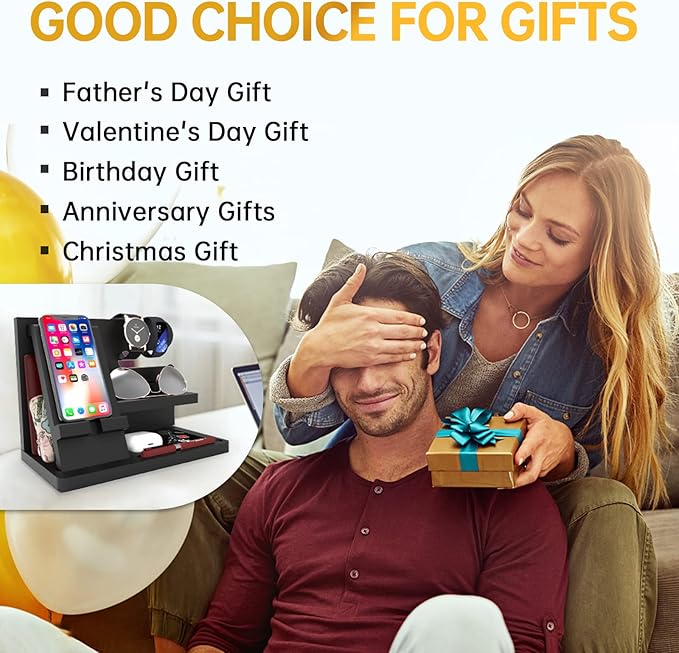 Gifts for Men Wood Phone Docking Station Birthday Gift for Men Valentines Day Gifts Father Gift for Him Boyfriend Nightstand Organizer Desktop Phone Stand Black