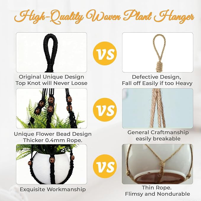 35 Inch Macrame Plant Hanger, Large for up to 15 Inch Pot Extra Long Hanging Planter Holder Basket with Wood Beads for Indoor Outdoor Home Decor (Black, 1-Pack)