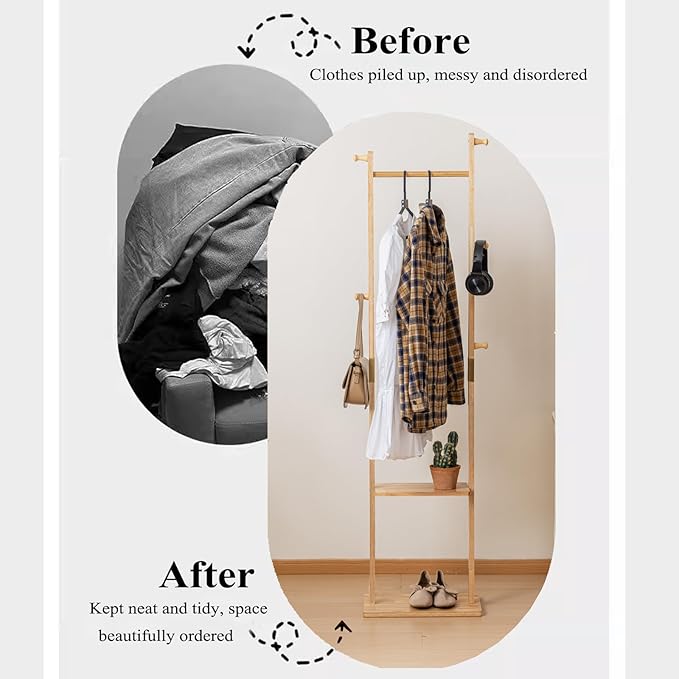 Clothes Rack Solid Wood Coat Rack with Shelves and Hooks – Garment Clothing Rack Coat Rack with Storage for Hallway, Bedroom, Living Room, 15.75 inch, Nature