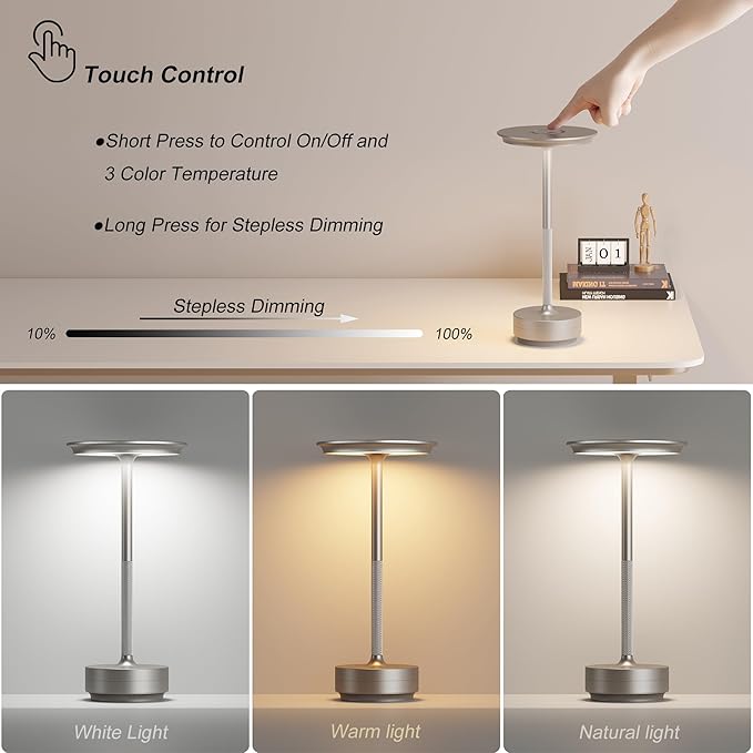 TBBGA 2 Pack Rechargeable Cordless Table Lamps, Portable 5000mAh Battery Table Light, 3 Color Stepless Dimming LED Table Light with Memory Function, for Outdoor/Dinner/Patio/Restaurant.(Silver)