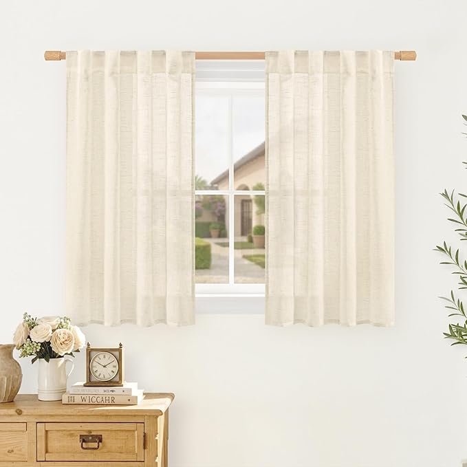 LAMIT Linen Curtains 40 Inch Length for Kitchen Windows, Semi Sheer Light Filtering Short Window Drapes Back Tab and Rod Pocket Bathroom Panels for Small Windows/Cafe, Linen, 34 x 40 Inch, 2 Panels