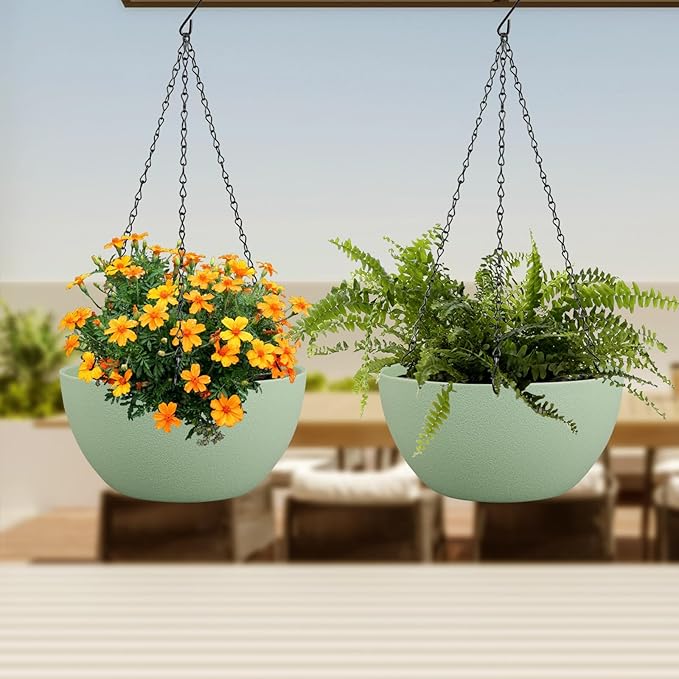 Meowell 12 inch Large Hanging Planters Plant Pots for Indoor Outdoor Plants, 2 Pack Hanging Flower Pots with Drainage Holes and Chain for Garden Porch, Plastic Hanging Baskets for House Plants, Green