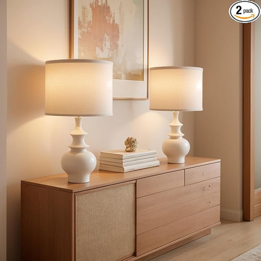 20" Modern Ceramic Table Lamps Set of 2, White Bedroom Lamps for Night Stands, Farmhouse Bedside Lamps for Bedroom Living Room, Small Nightstand Lamps Desk End Table Lamps White