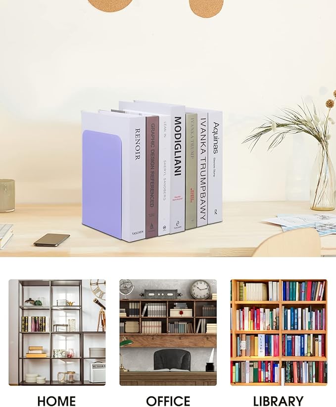Book Ends, Bookends for Shelves, Home, Office, Metal Book Stopper for Books, Metal Bookend Supports, Modern Minimalist Style Decorative Bookend, Purple (4Pair/8Pcs)