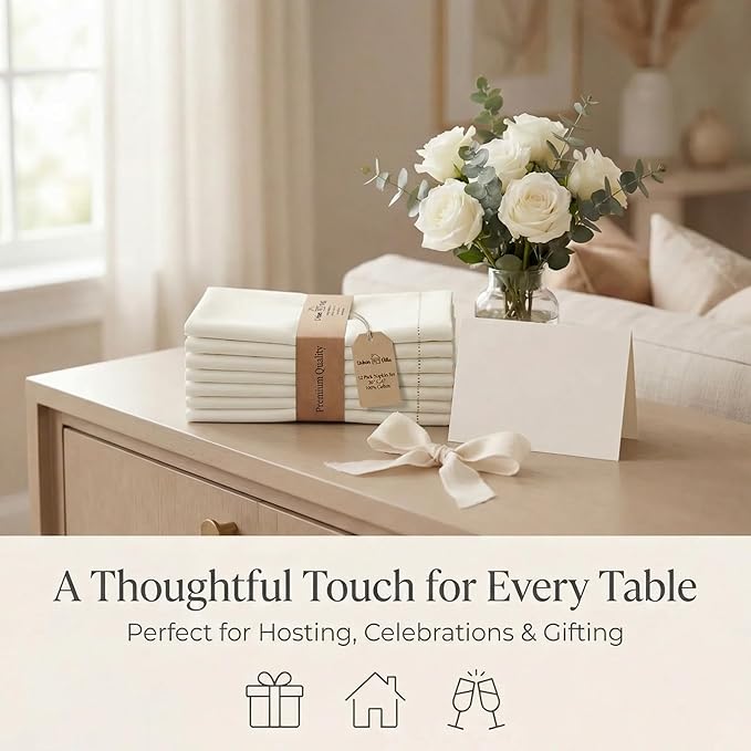 Urban Villa Cloth Napkins 100% Cotton Highly Absorbent Washable Reusable Premium Dinner Napkins Ideal for Gifts for Mothers Day Hotel Farmhouse Parties - Ivory Hemstitch (20" x 20", Set of 12)