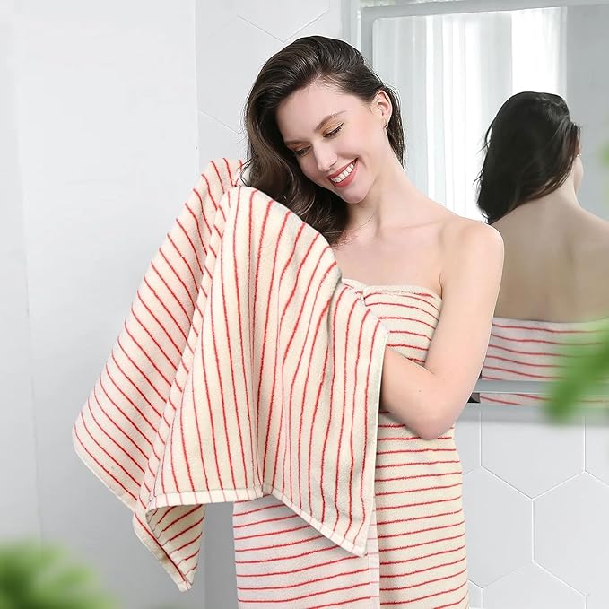 Jacquotha Striped Bath Towels Set of 2 (Coral Red), Lighter & Quick Dry Towels Large 27.5 x 55 inches, Farmhouse for Bathroom Decor, Shower, Pool Days