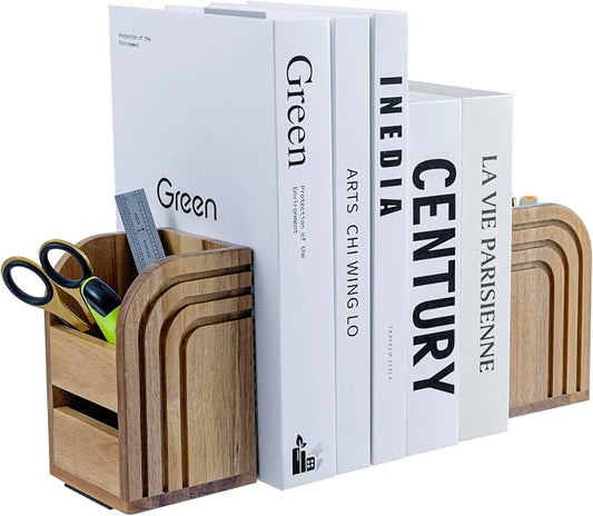 MyGift Premium Acacia Solid Wood Bookends and Pencil Holders with Modern Etched Arch Design, Office Desk Book Ends with Natural Wooden Art Deco Pen Cups, 1 Pair