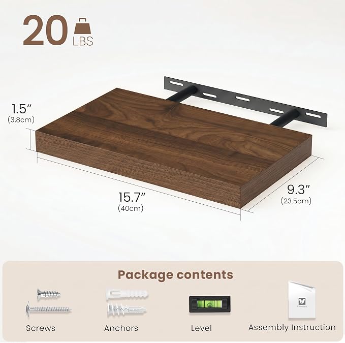 Vivelove Walnut Floating Shelves, 16 Inch Wall Display Shelves for Bathroom Living Room Kitchen Bedroom Office Farmhouse Home Decor, 16" X 9.3" X 1.5" - Set of 2, Walnut