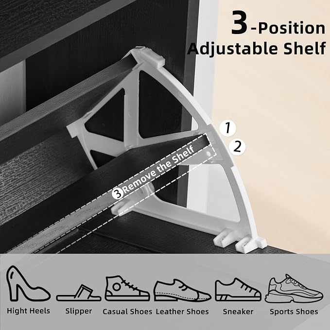 Joaxswe Shoe Cabinet Storage for Entryway with 2 Flip Drawers 2 Hook Open Storage Layer Rack Narrow Organizer Slim Hidden Wood Shoe Cabinet Furniture Black