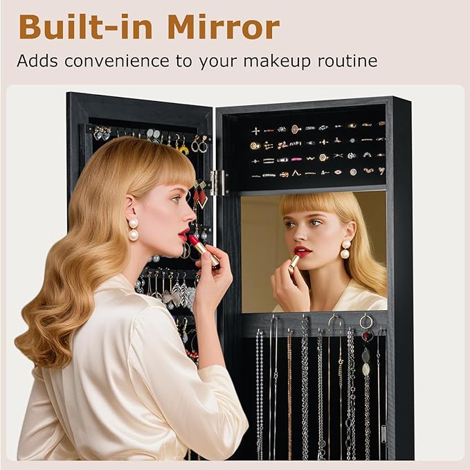 GOFLAME Mirror Jewelry Cabinet Wall Mounted, 43.5” Full Length Mirror with Storage, Interior Build-in Mirror, Over the Door Jewelry Chest, Modern Jewelry Storage Organizer for Women, Black
